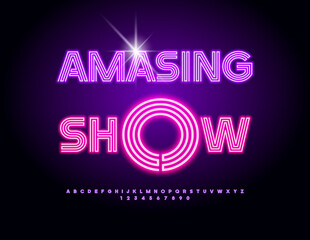 Vector Neon banner Amazing Show. Cool Glowing Font. Led Illuminated Alphabet Letters and Numbers set.  