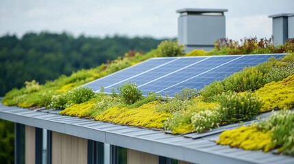 Fototapeta premium Green roof solar panels, eco-house, forest