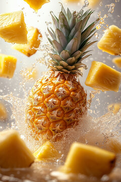 vibrant, ultra-realistic pineapple splashes into water, surrounded by fresh, juicy pineapple chunks in motion. The golden fruit contrasts with the crystal-clear droplets, creating a dynamic and refres