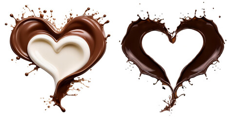 Two chocolate splashes in the shape of a heart, cut out. Flowing and dripping chocolate with clipping path.