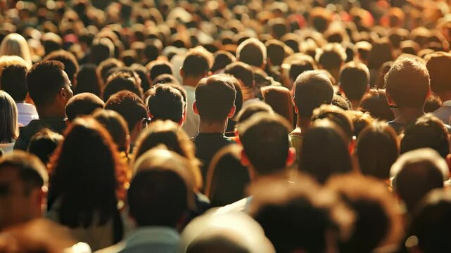 Large crowd of people seen from behind in a public gathering. Urban population, diversity, social movement, and community concept. Warm sunlight highlights the density of the crowd