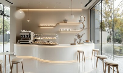Small modern Korean style design cafe, glossy ivory white round corner counter, cake display, professional espresso machine, bar table, stool by window for, Generative AI