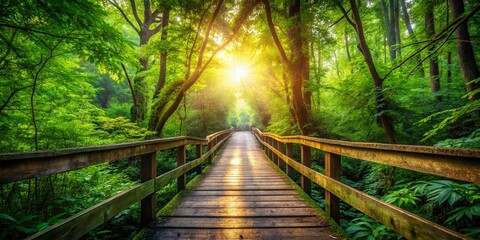 Fototapeta premium Wooden Footbridge Path in Forest - POV Landscape Photography
