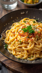 Delicious Käsespätzle with cheese and fried onions on rustic table, comfort food