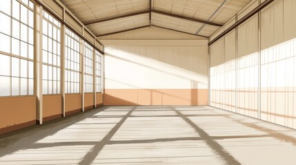 Empty warehouse interior, sunlit,  industrial space,  potential commercial use