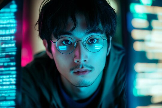 A young Asian male software engineer with glasses, working on his computer in the dark office room at night, surrounded by glowing data and code streams
