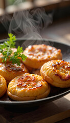 Crispy Hungarian langos steaming on plate in rustic kitchen, culinary delight