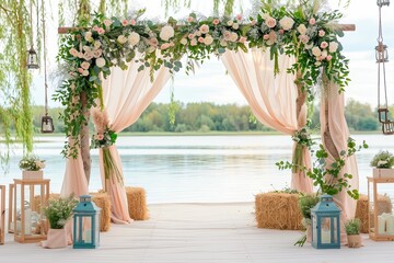 Charming Rustic Country Wedding Altar by Serene Lake With Floral Decorations and Cozy Ambiance