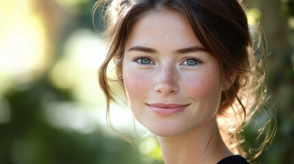 Obraz premium Woman smiling outdoors, sunlight bokeh
