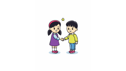 Fototapeta premium かわいい子供が二人で握手をするイラスト