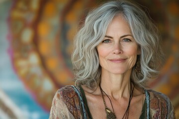 Fototapeta premium Mature woman with silver hair poses confidently in front of vibrant mural in urban setting during daylight