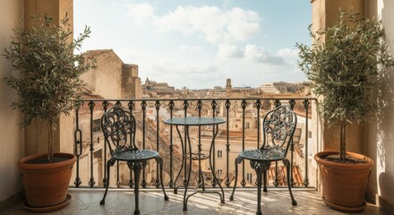 Cozy balcony with view chairs-table-plants