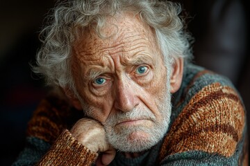 Emotionally expressive elderly man with curly hair staring thoughtfully indoors during a calm afternoon