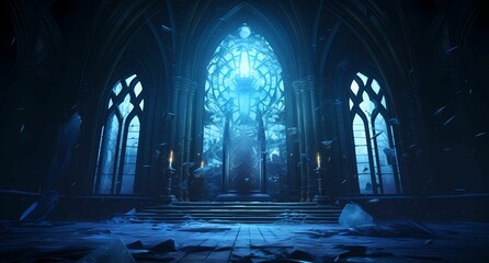 A blue light shines through the glass window of an ancient church