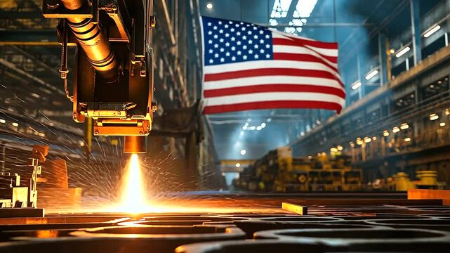 A steel production plant with molten metal pouring into molds, powerful hydraulic presses shaping components, and an American flag waving in the background, symbolizing industrial