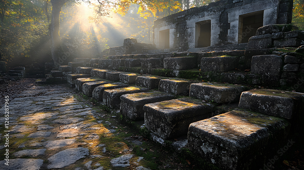 Poster ancient ruins illuminated by sunlight in a forest setting