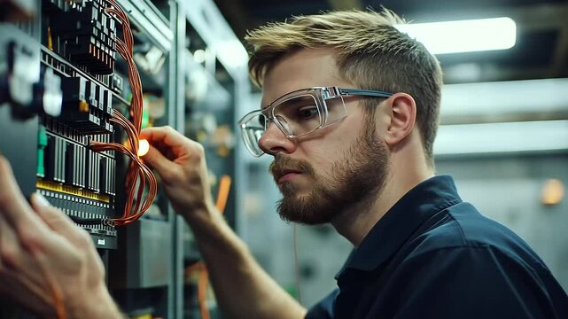 A technician assembling a control panel, skillfully connecting multi-core copper wires to circuit breakers, ensuring a flawless electrical installation.