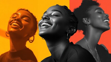 Joyful woman, vibrant colors, diverse background, ad campaign