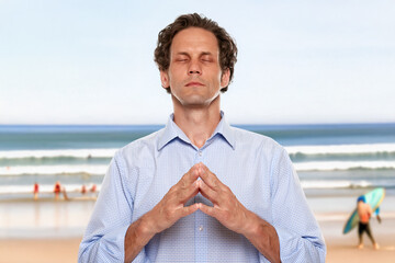 Fototapeta premium Concentrated minded young man making wish waiting for tropical vacation, Office worker looking at a surfboard, dreaming of an ocean getaway from daily work