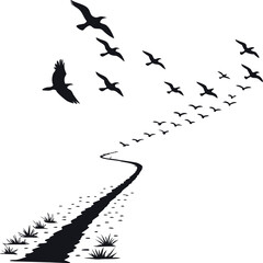 Minimalistic Black Silhouette of Multiple Birds Flying in a Coordinated Formation Symbolizing Freedom, Peace, and Unity – Elegant and Aesthetic Vector Illustration Perfect for Nature, Wildlife, and En