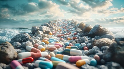 recovery path to sobriety with addiction struggle image, breaking free from prescription pills and opioid abuse, conceptual art showing addiction recovery success, drug free life journey