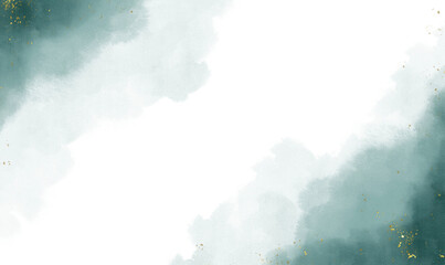 Abstract light  bule  watercolor background with golden lines, dots and stains. watercolour texture for cards, Brushstrokes and splashes.