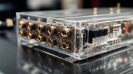 A closeup view of a professionalgrade video splitter with detailed labels on each output port and an intricate internal circuit board visible through a transparent casing emphasizing