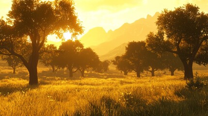 Fototapeta premium Golden Sunrise Over Tranquil Landscape with Lush Trees and Rolling Hills in a Serene Natural Setting