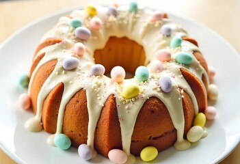 Obraz premium Wooden board with tasty Easter cake and eggs on tile background 