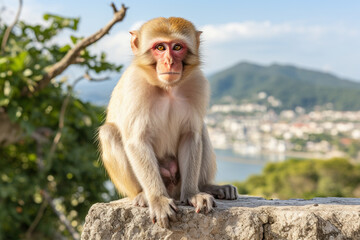 Obraz premium Curious Macaque Monkey Sitting on a Rock with Cityscape Background