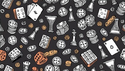 Hand drawn seamless pattern of board game element, cards, chess, hourglass, chips, dice, dominoes. Doodle sketch style. Isolated perfect any project for for board game shop, store.
