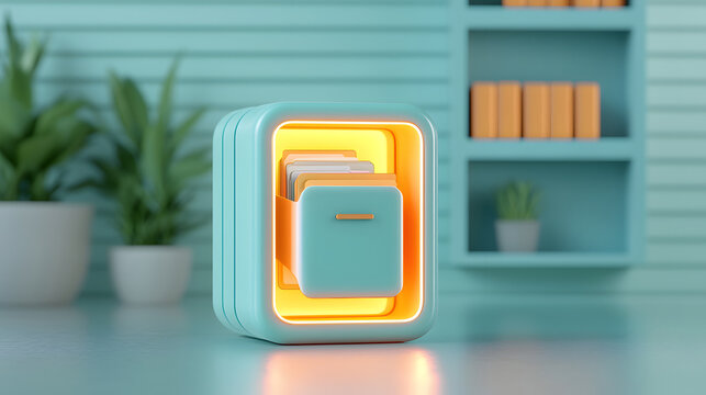futuristic filing cabinet with self organizing features, designed in vibrant color scheme, adds modern touch to any workspace. Its sleek design and glowing accents enhance aesthetic appeal