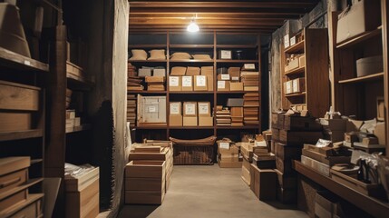 Obraz premium Wooden storage room interior, organized boxes, dark ambiance, potential use for display