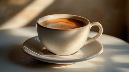 Obraz premium Sunlit espresso cup, creamy foam, morning warmth.