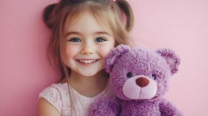 little smiling girl with purple teddy bear on pink background symbolizing hope and healing during cancer treatment
