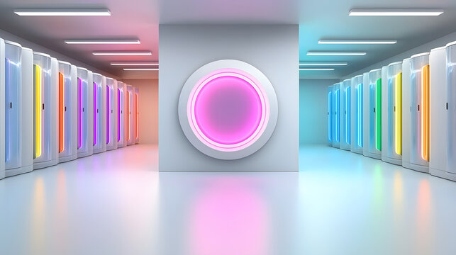 futuristic server room featuring colorful illuminated cabinets and central circular display. vibrant colors create dynamic and modern atmosphere, ideal for technology enthusiasts
