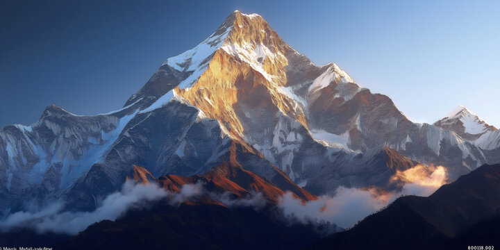 Stunning snow-capped mountain peaks rise above clouds and forested valleys, illuminated by soft light and clear blue skies. - Powered by Adobe