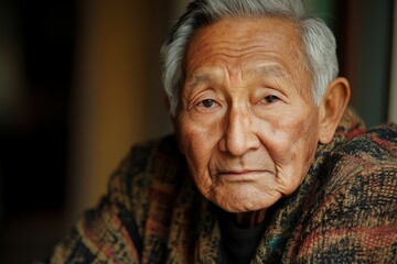 Elderly man with gray hair and thoughtful expression wearing a colorful sweater indoors