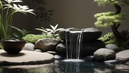 Naklejka premium a serene retreat featuring a tranquil waterfall amidst lush greenery