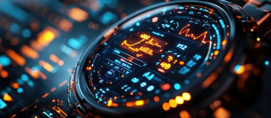 Futuristic watch with digital display showing data and graphs.