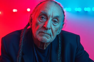 Older man with long hair and braids poses in front of colorful lighting, showcasing a thoughtful expression