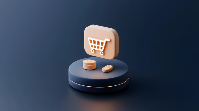 digital shopping cart icon with pills on circular base, symbolizing online shopping and health. This modern design represents e commerce and wellness