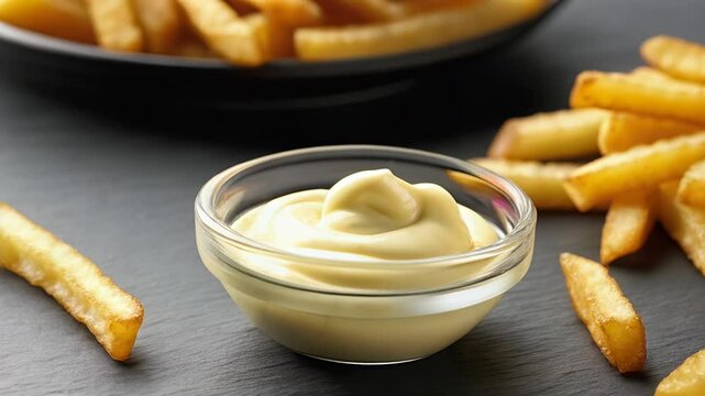 French fry being dipped into a dollop of mayonnaise
