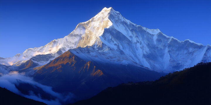 Stunning snow-capped mountain peaks rise above clouds and forested valleys, illuminated by soft light and clear blue skies.