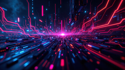 Naklejka premium A dynamic digital artwork representing a complex software architecture with vibrant neon lights and abstract shapes, conveying concepts related to ci/cd, Docker, Kubernetes, and DevOps.