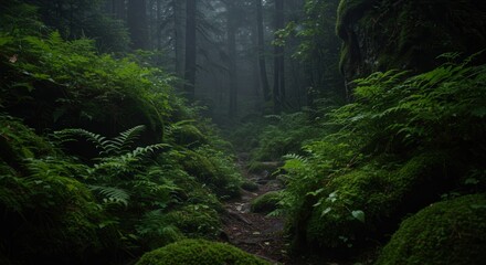 Obraz premium Hiking Trail Through a Lush Green Forest with Foggy Atmosphere