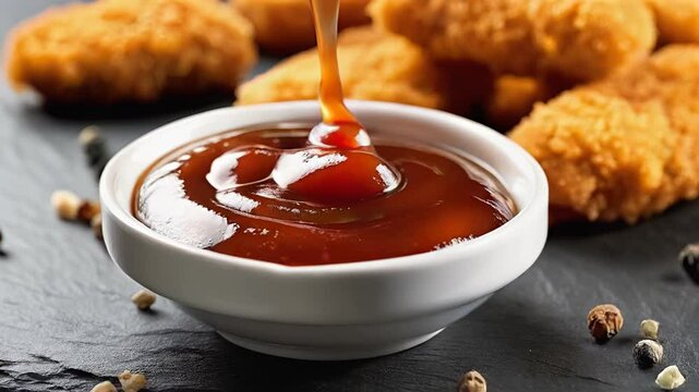 Dipping crispy chicken nugget into rich BBQ sauce