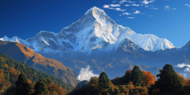 Stunning snow-capped mountain peaks rise above clouds and forested valleys, illuminated by soft light and clear blue skies. - Powered by Adobe