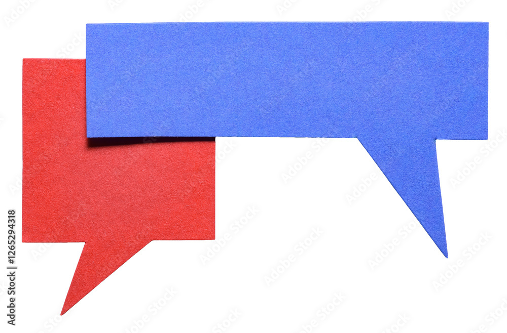 Fototapete blue red blank cut out cardboard paper speech bubbles with rough edges and copy space for text on tr