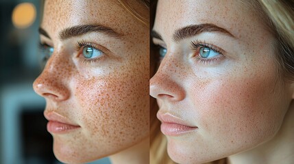 A remarkable skincare transformation showing before and after effects of facial treatments. The skin appears more radiant, smooth, and youthful, highlighting the benefits of skincare and rejuvenation